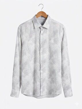 Bugatchi Men's Shaped Fit Button Down Shirt White Light Gray Palm Print Size